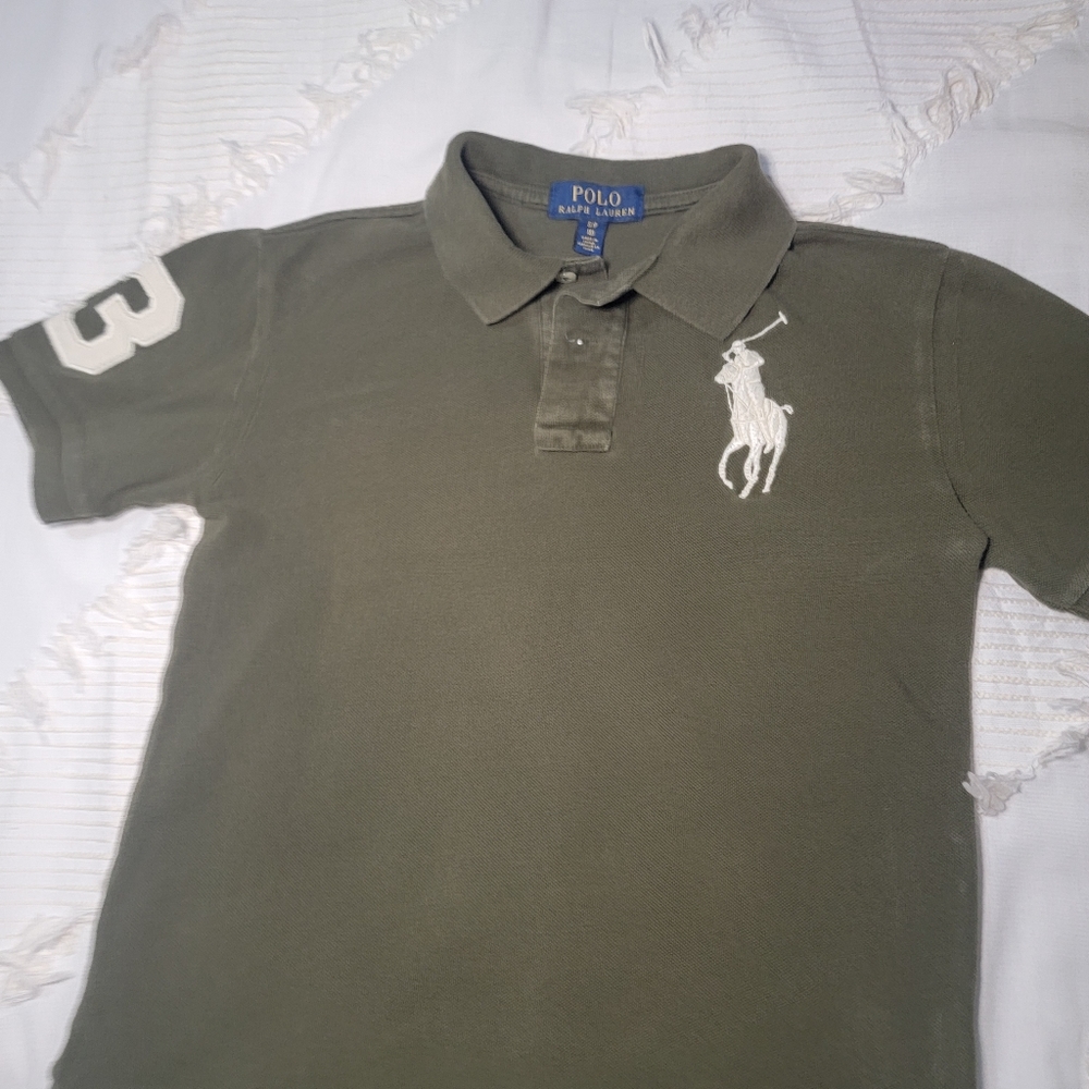 BOYS OLIVE GREEN POLO BY RALPH LAUREN POLO SHIRT WITH CREAM HORSE size 8